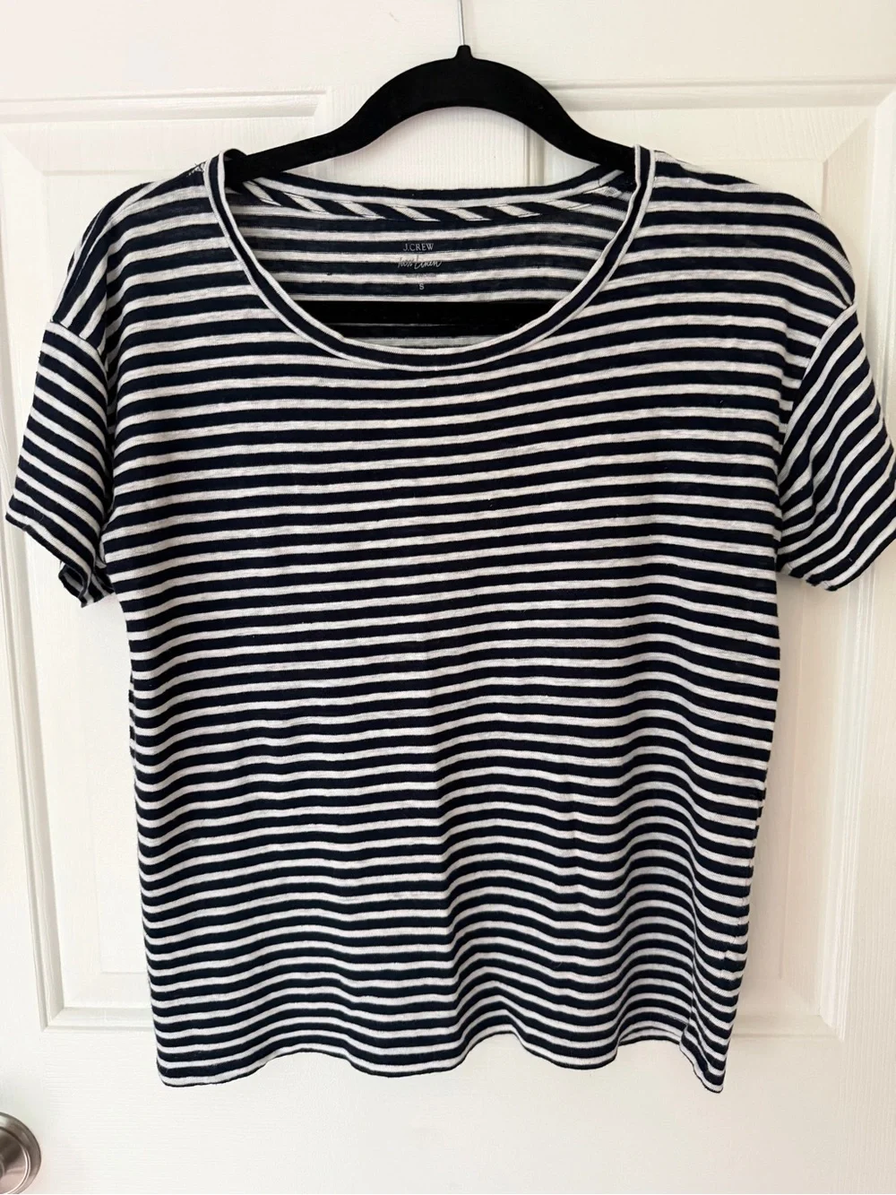 JCrew Navy and White Striped Short Sleeve Linen tee